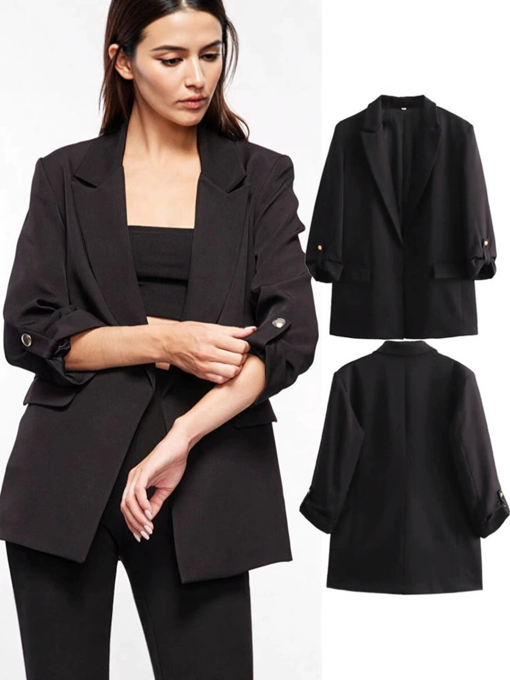 Spring Autumn Fashion Loose Plus Size Roll Up Sleeve Blazer